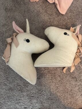 Plush Unicorn Wall  Head Pillow Pair in Cream with Blush Accents